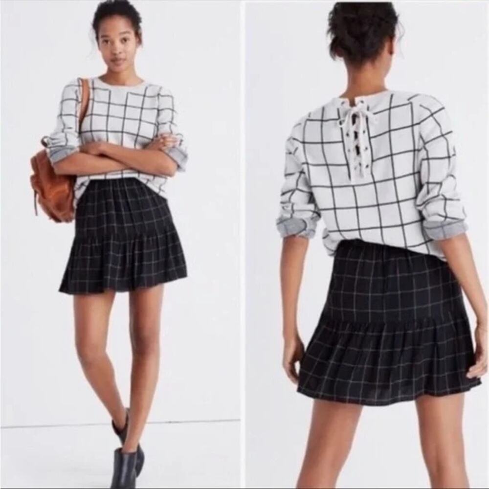 Madewell Black & White Windowpane Check Ruffle Trim Mini Skirt Size 10